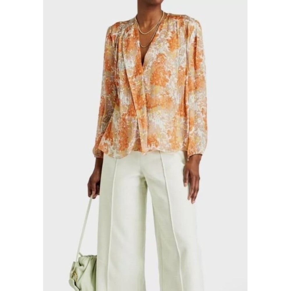 Vince S Women Floral Garden Shirred Watercolor 100% Silk‎ Lightweight Flowy